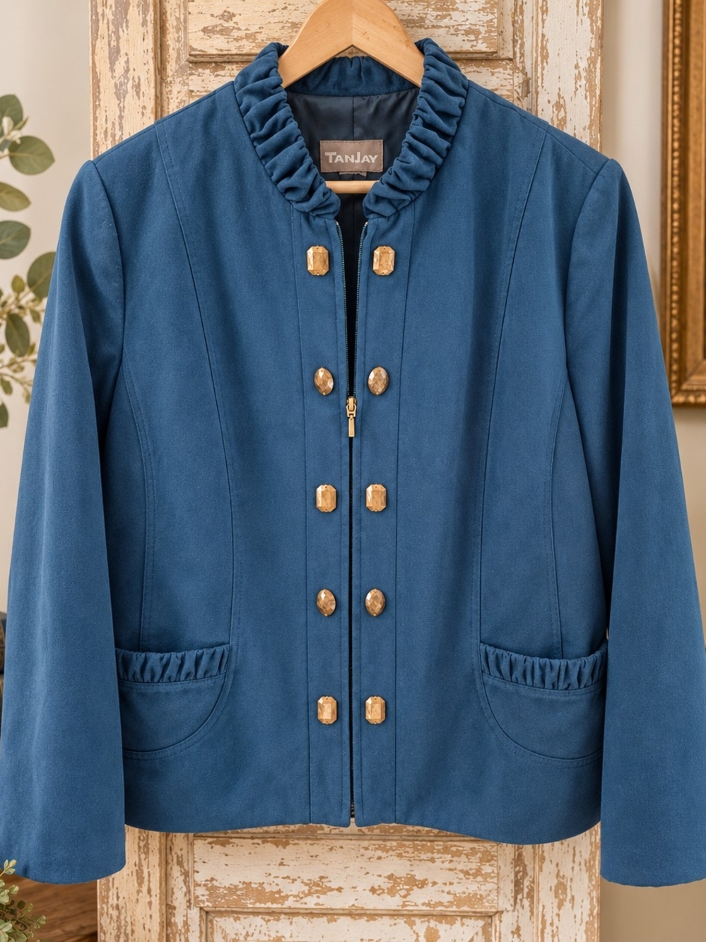 TanJay Size 18 Teal Blue Ruffle Collar Gold Embellished Zip Jacket